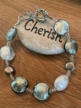 Beautiful Glass Bead Bracelet Mix Of Shimmering Silver Grey, Aqua, Clear Beads